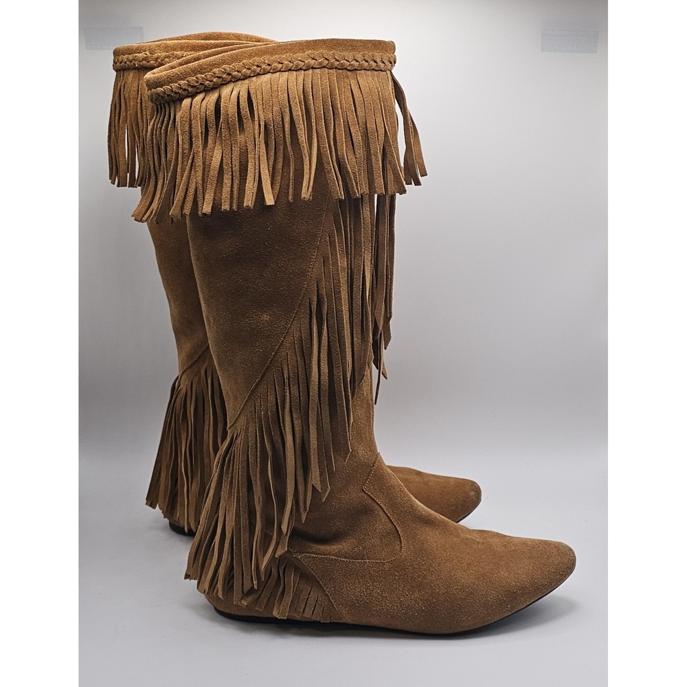 Sam Edelman Utah Fringe Knee High Boots Camel Color Size 8.5 Suede Leather
